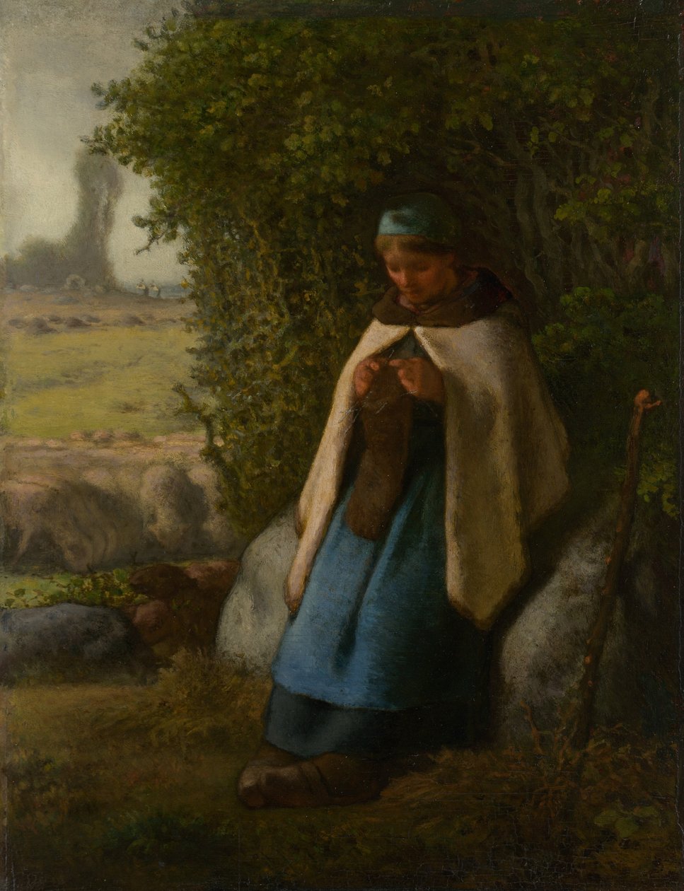 Herderin zittend op een rots, 1856 door Jean Francois Millet