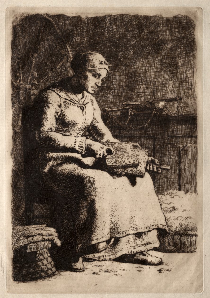 Vrouw aan het kaarden door Jean Francois Millet