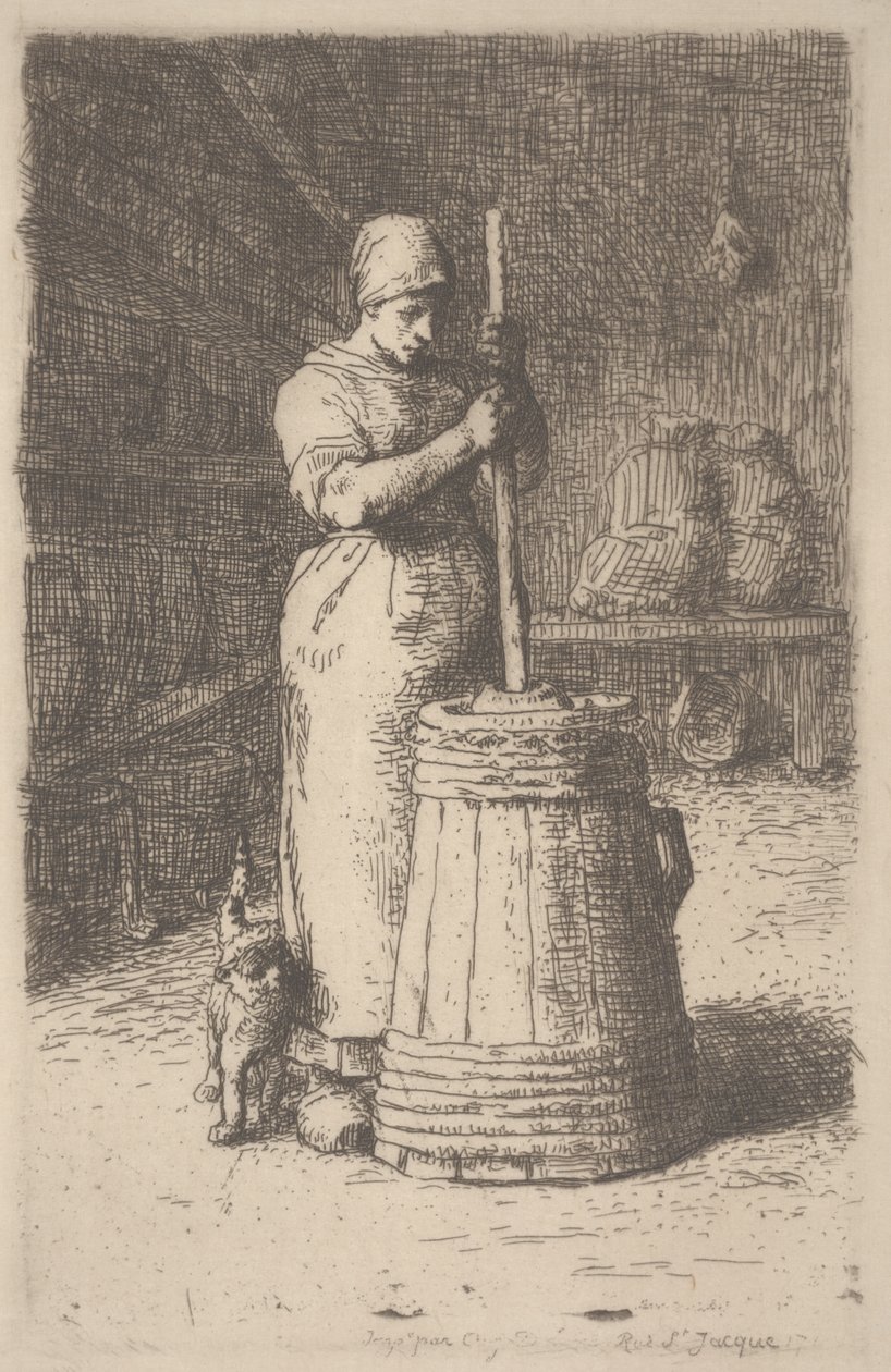 Vrouw die boter karnet door Jean Francois Millet