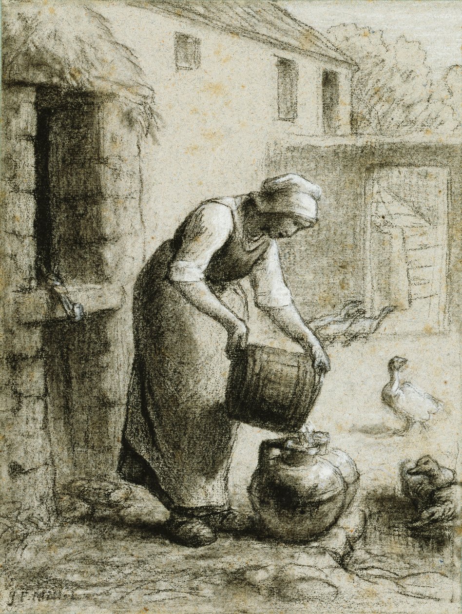 Vrouw die water in melkblikken giet door Jean Francois Millet