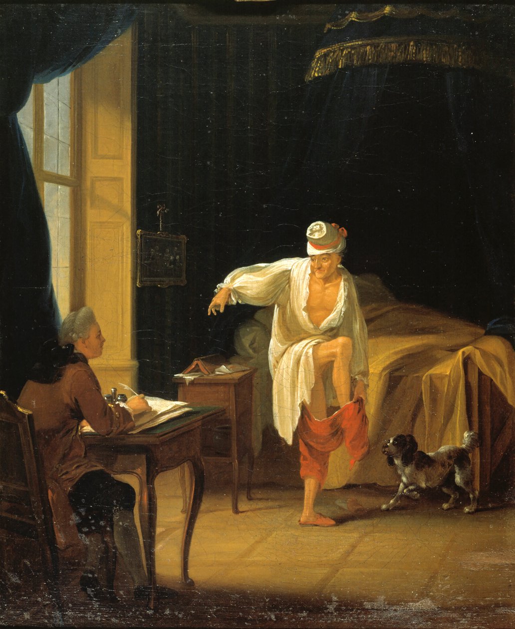 Voltaire opstaan in Ferney, ca. 1772 door Jean Huber