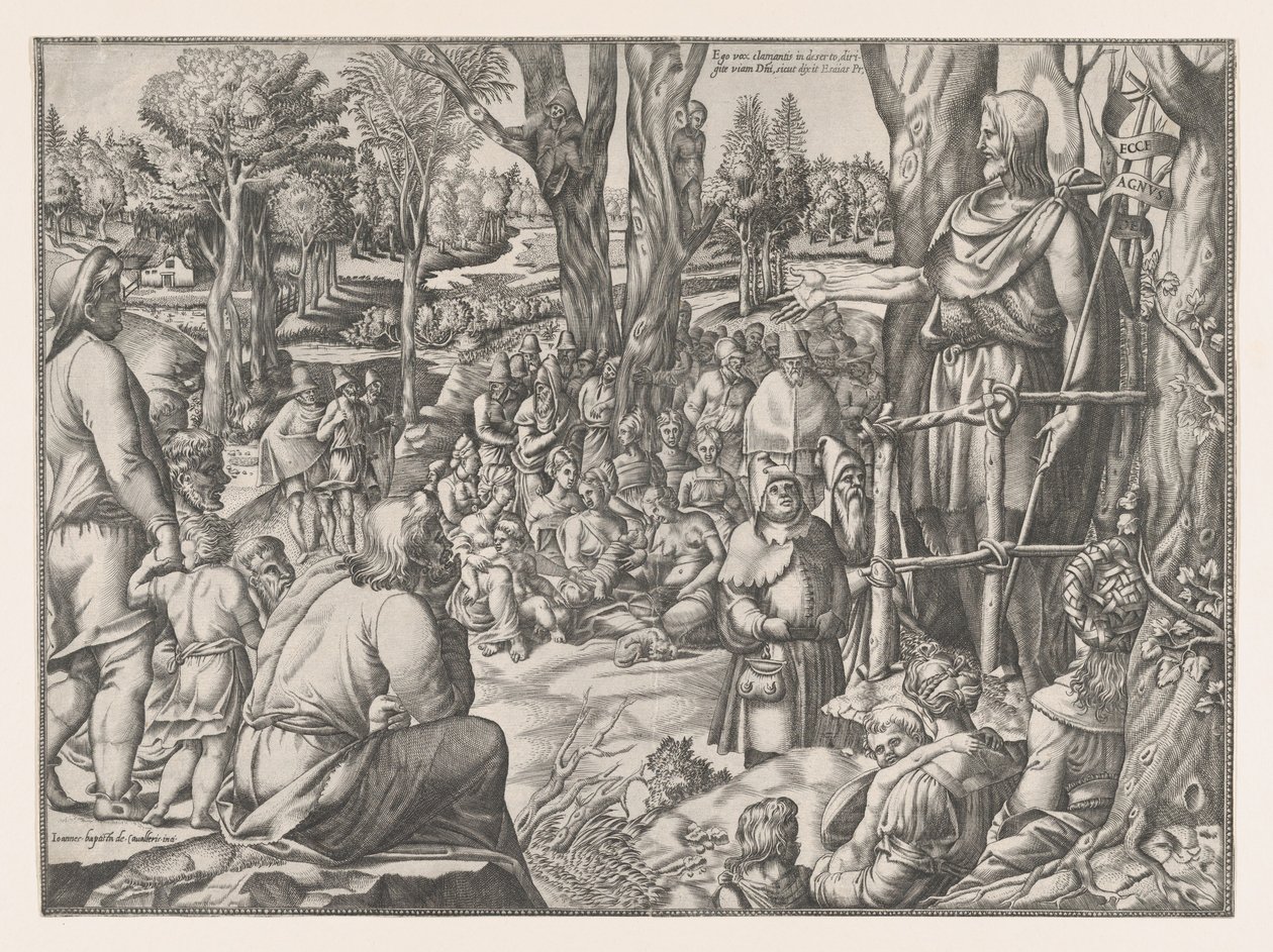 St. Johannes predikend in de woestijn door Jean Mignon