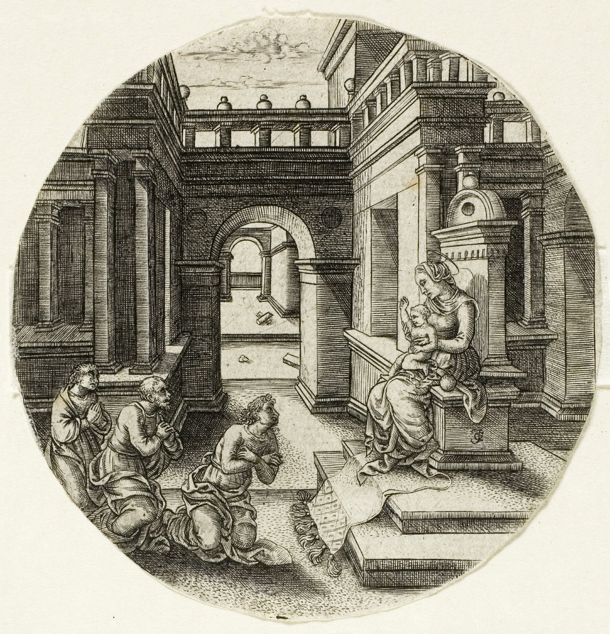 De Maagd zittend op een altaar door Jean de Gourmont