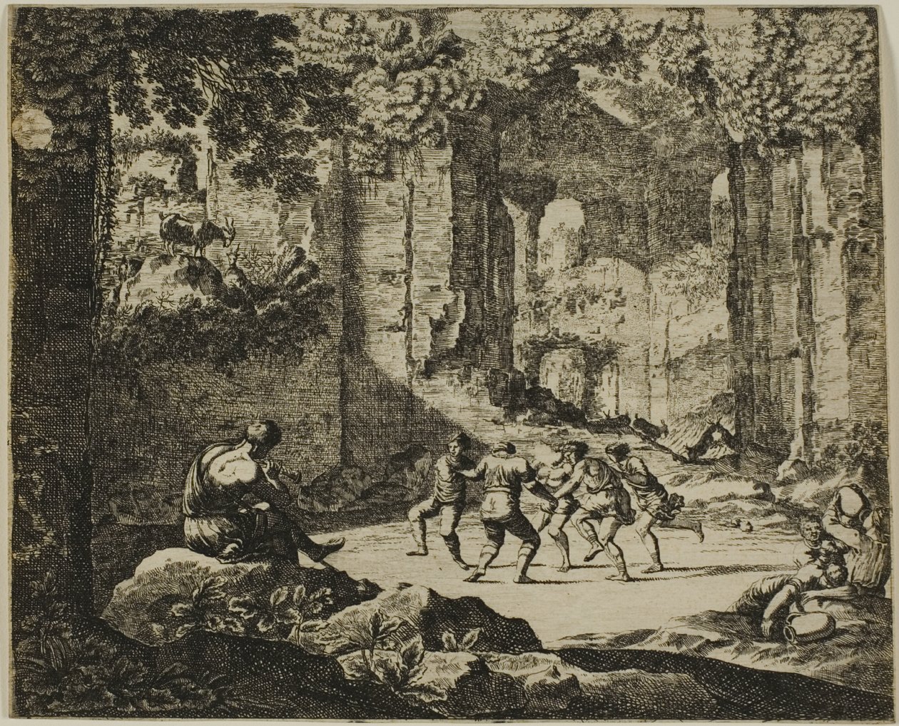 Herdersdans in antieke ruïnes door Jean le Pautre