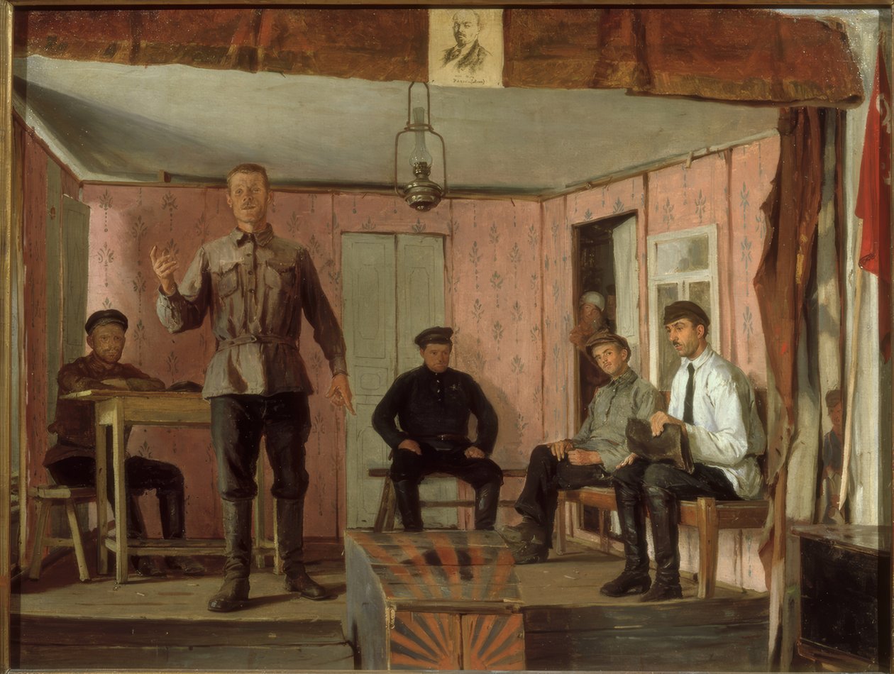 Een vergadering van de dorpscommunistische cel door Jefim Michailowitsch Tschepzow