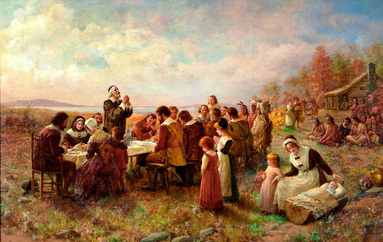 De Eerste Thanksgiving in Plymouth, 1914 door Jennie Augusta Brownscombe