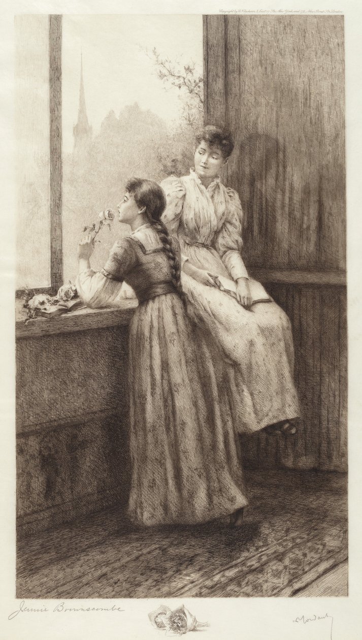 Zonder titel (Twee meisjes bij een raam) door Jennie Augusta Brownscombe