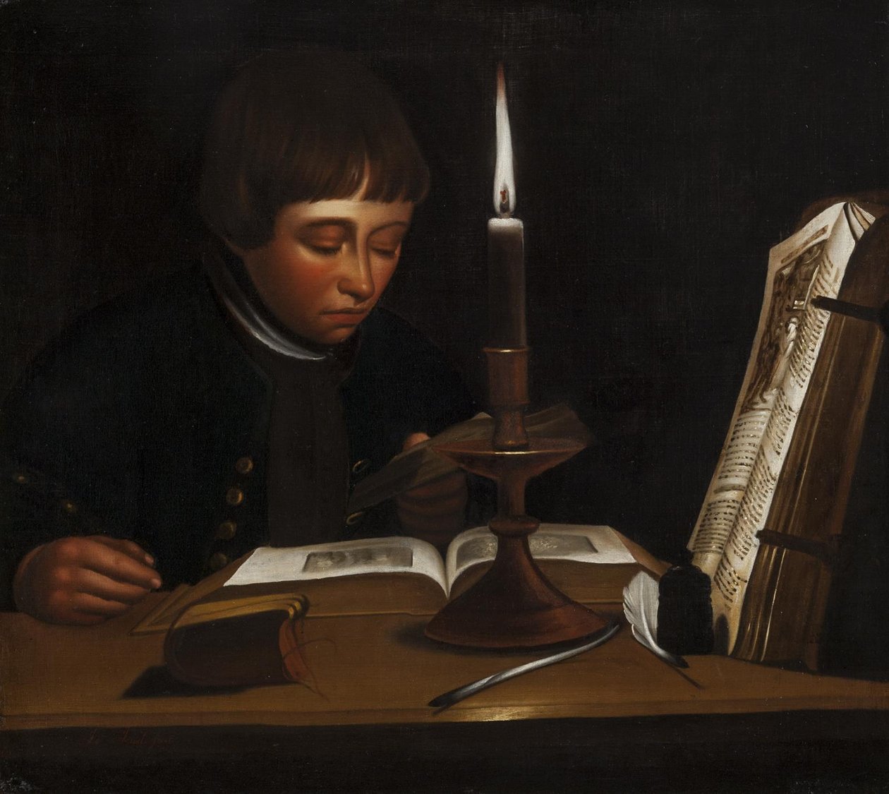 Jongen die leest bij kunstlicht door Jens Juel