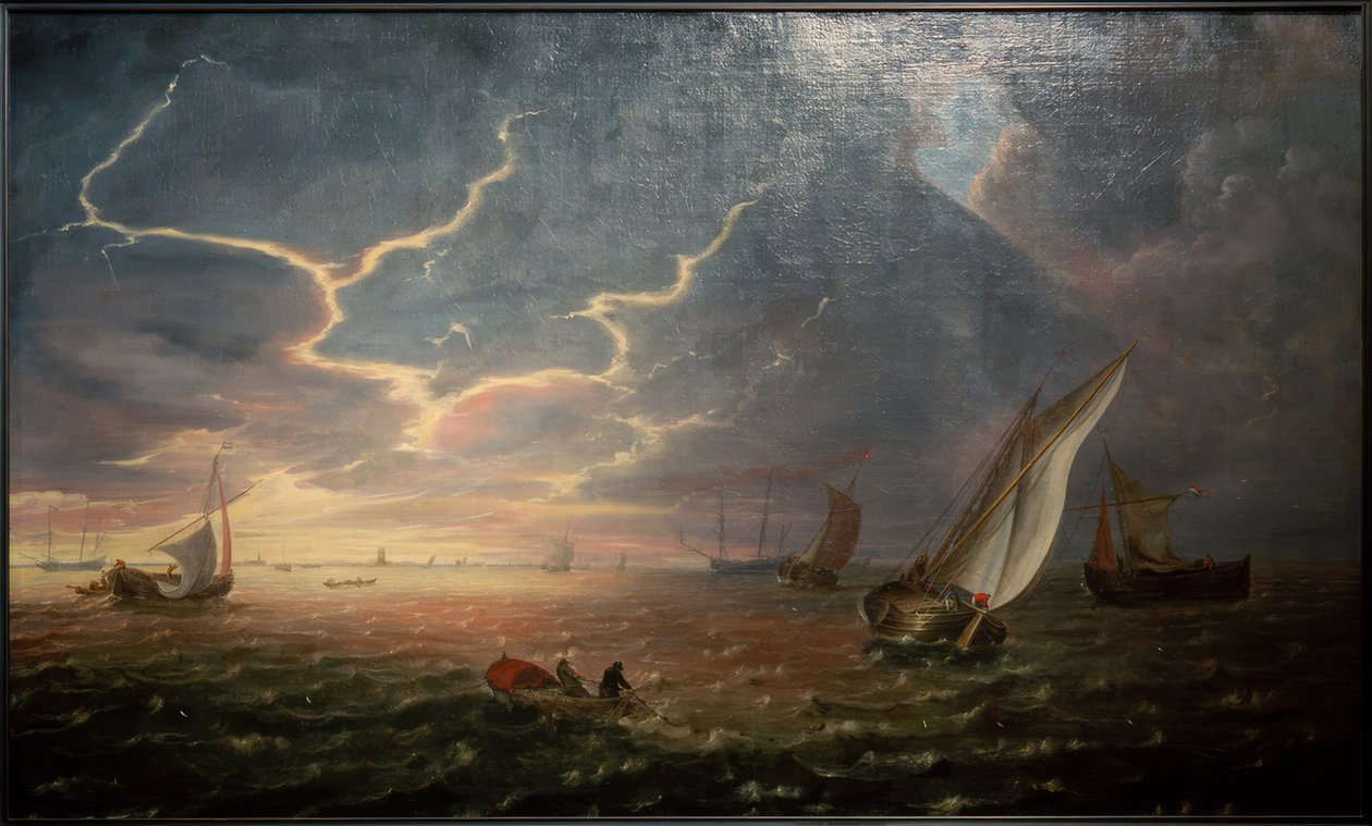 Zeilschepen in ruwe zee bij zonsondergang door Jeronimus van Diest