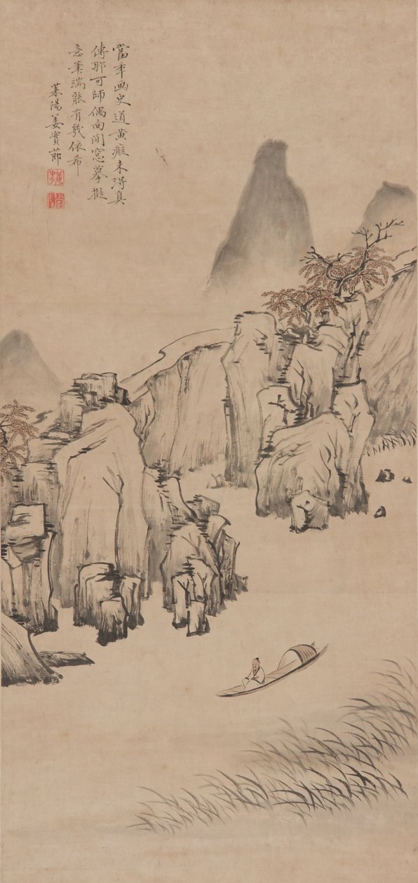 Rivierlandschap met man in een boot, Qing-dynastie, laat 17e-begin 18e eeuw door Jiang Shijie
