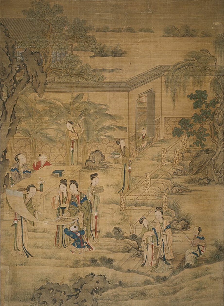 Vrouwen die schilderijen bekijken door Jiao Bingzhen