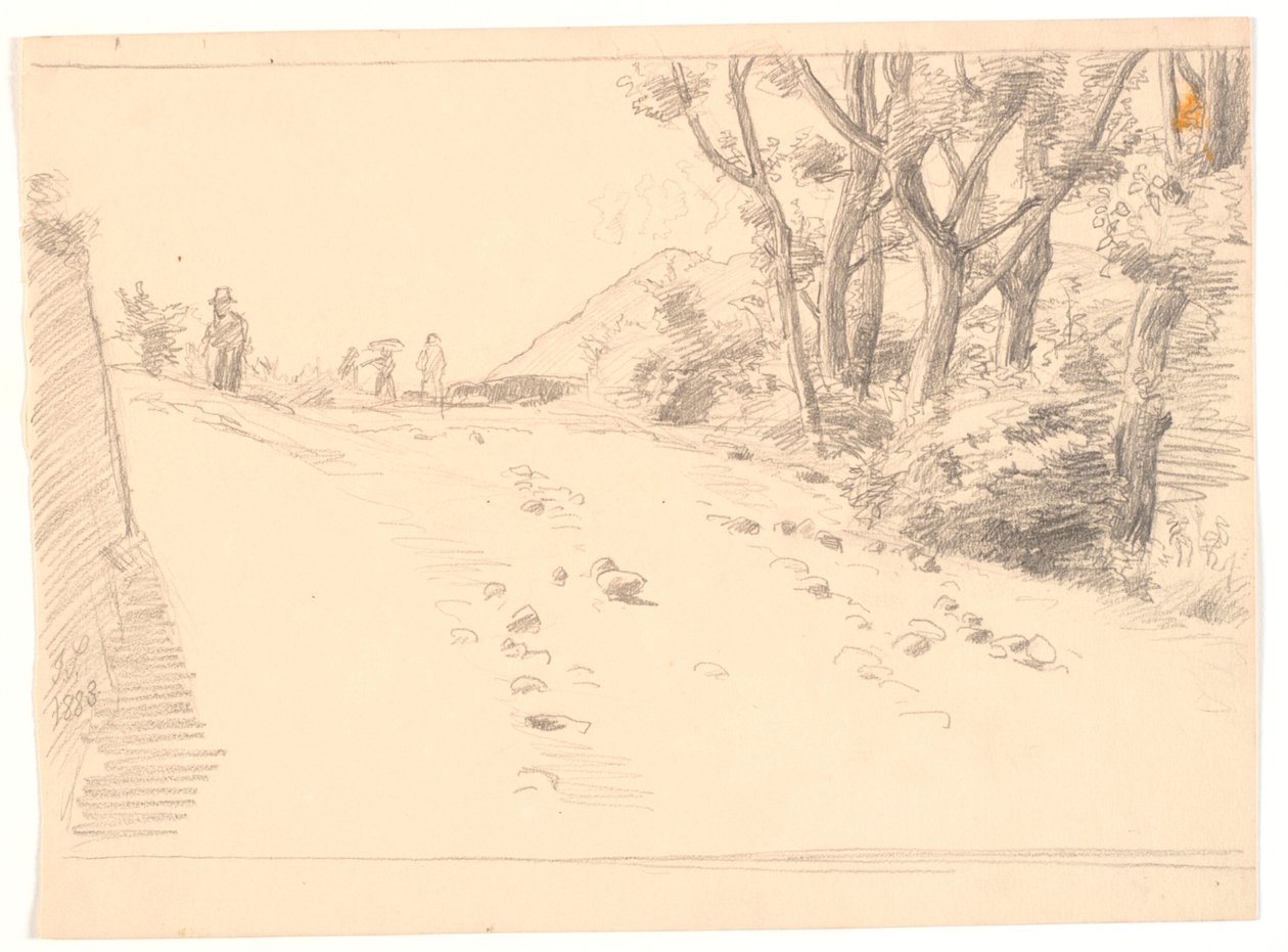 Italiaans landschap met een weg, rechts bomen door Joakim Frederik Skovgaard