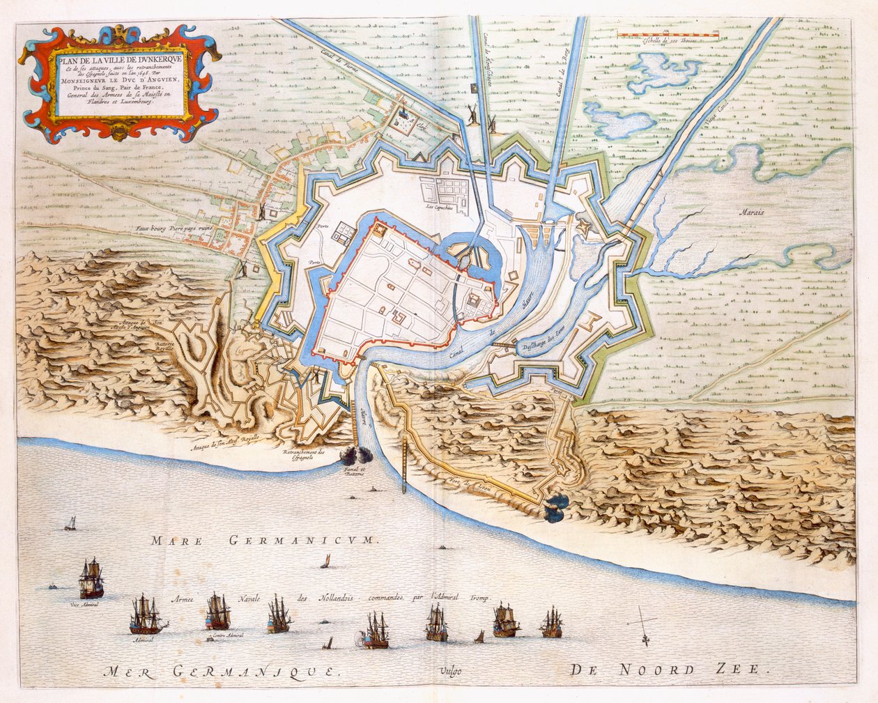 Stad Duinkerken tijdens de Spaanse overheersing: plan met de kustverdedigingen, kasteel en bastionfortificaties, 1649 door Joan Blaeu