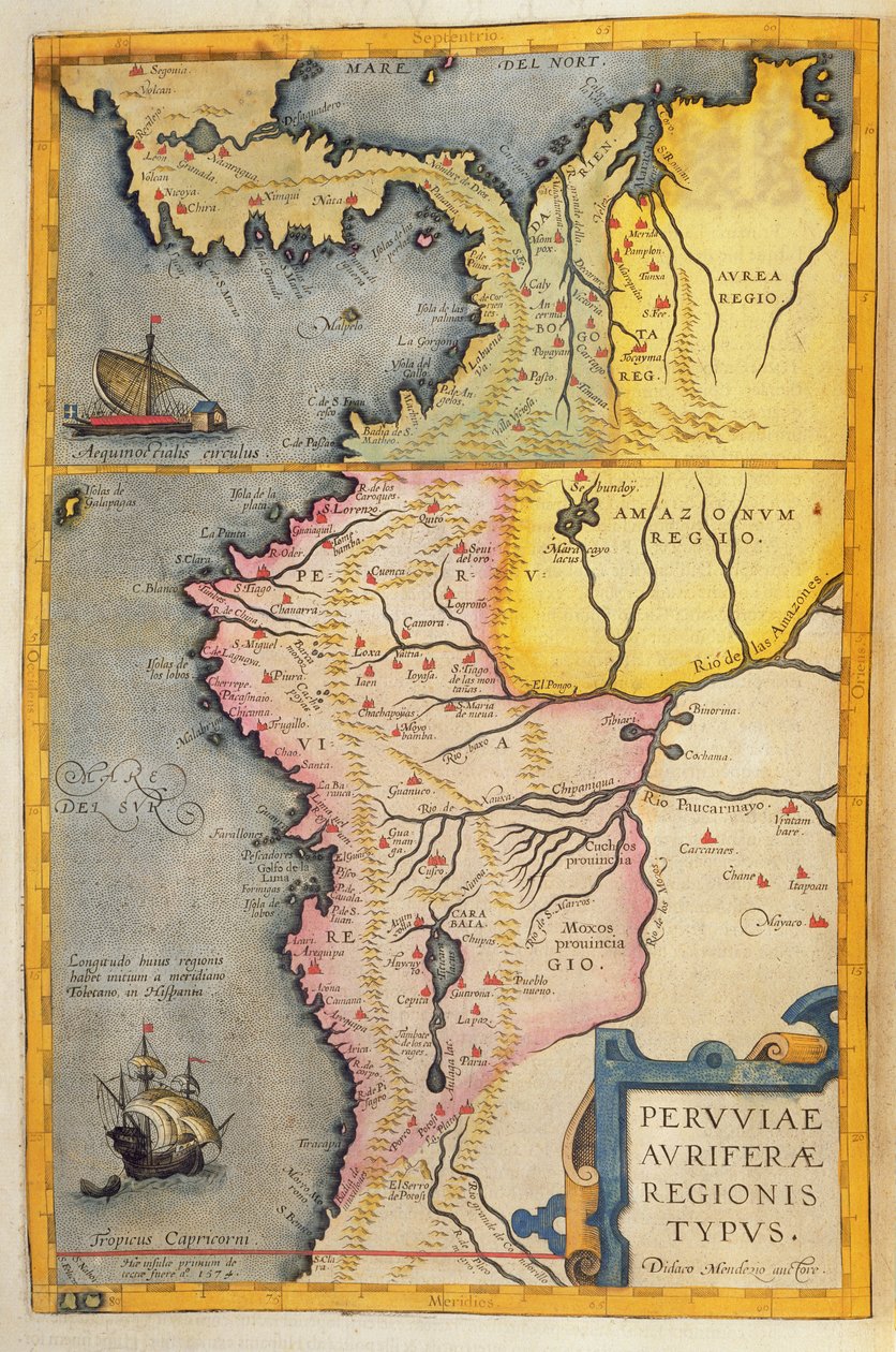 Kaart van de goudrijke gebieden in Peru, uit de 