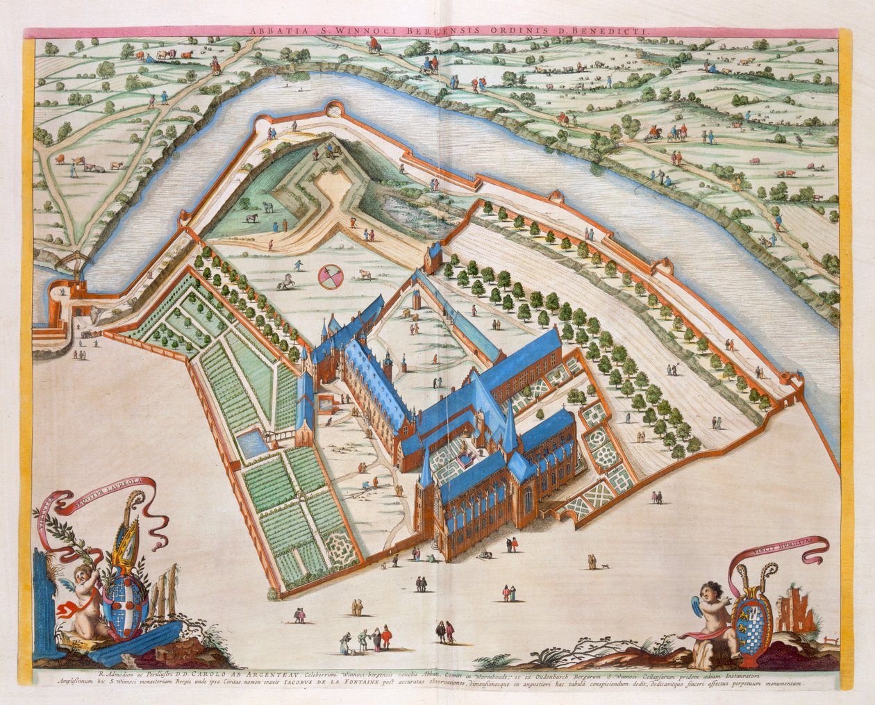 De Benedictijner Abdij van St Winnock, Bergen, Nederland, 1649 door Joan Blaeu