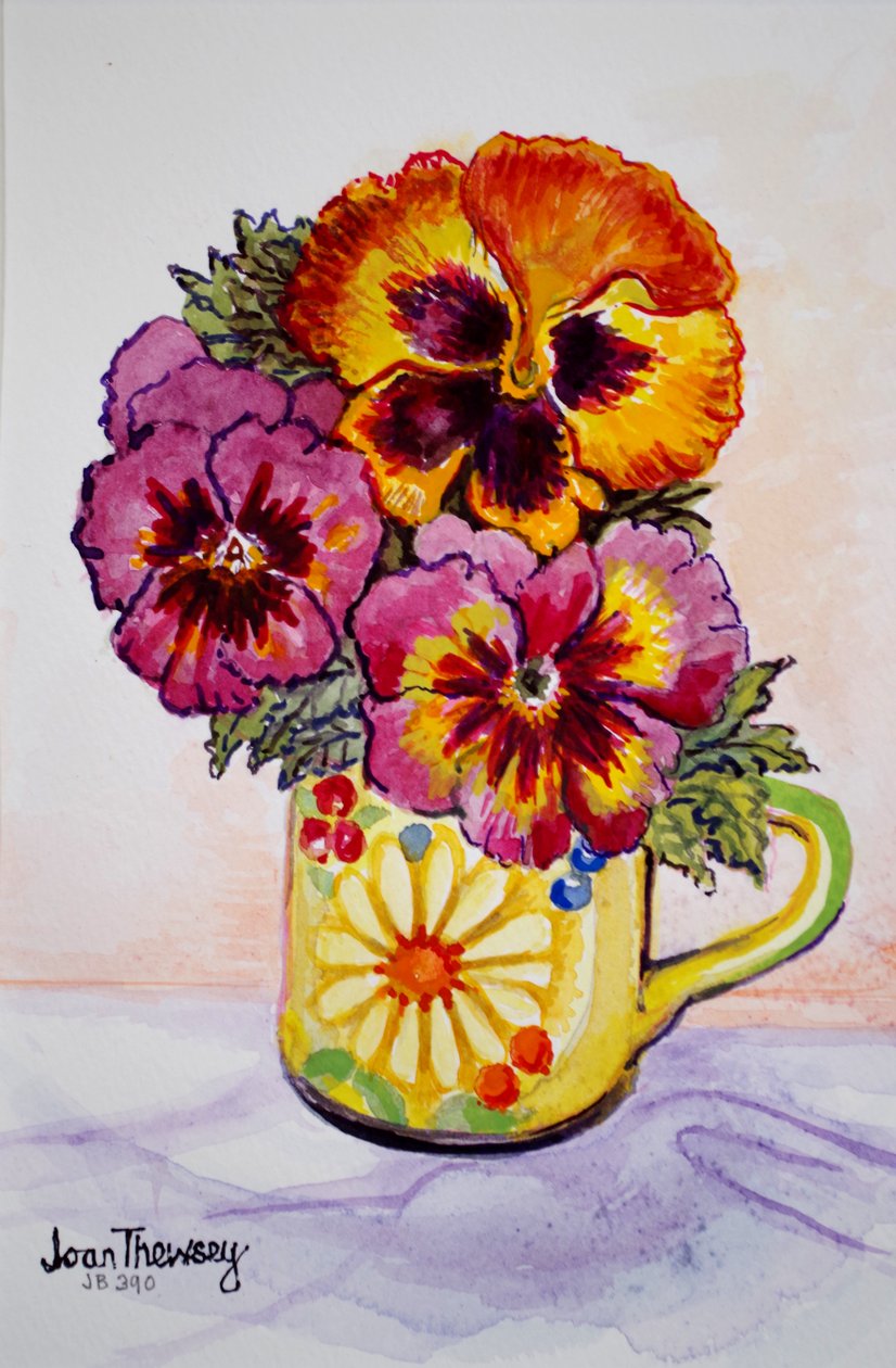 Viooltjes in een gegraveerde mok, 2015 door Joan Thewsey