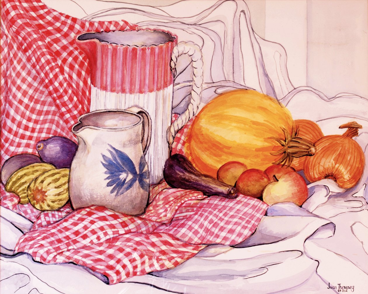 Stilleven met twee kruiken en groenten, 2013 door Joan Thewsey