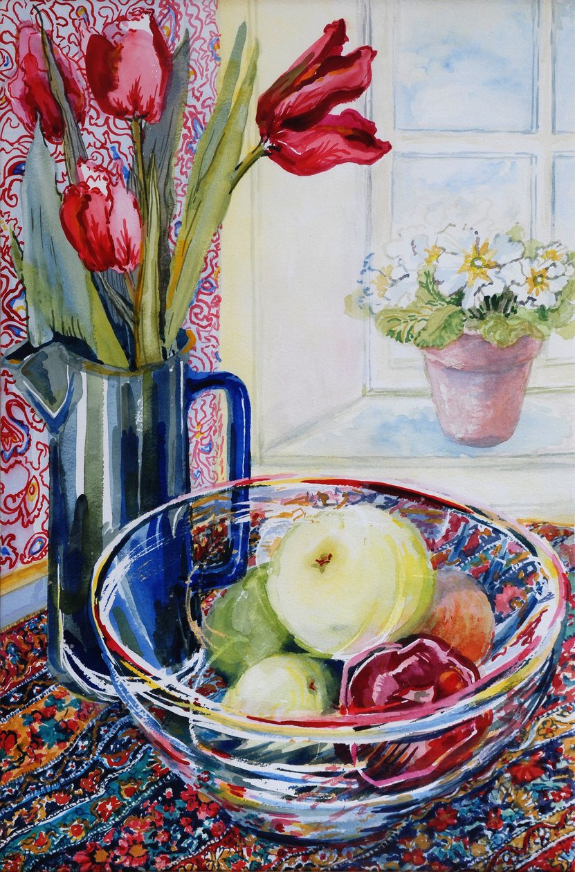 Tulpen in een kan, met een glazen kom, 2003 door Joan Thewsey