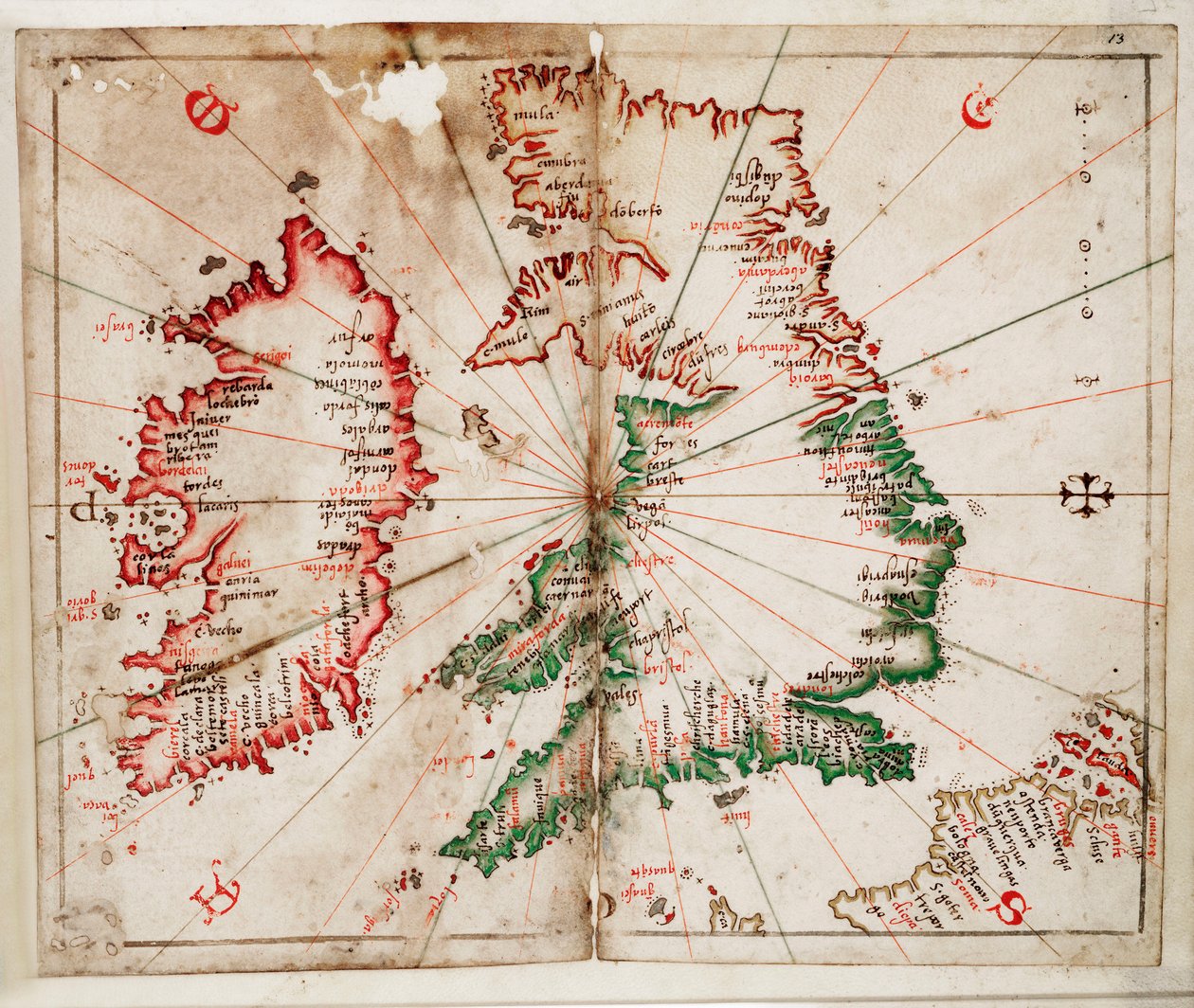 Groot-Brittannië en Ierland, ca.1550 (perkament) door Joan Martines