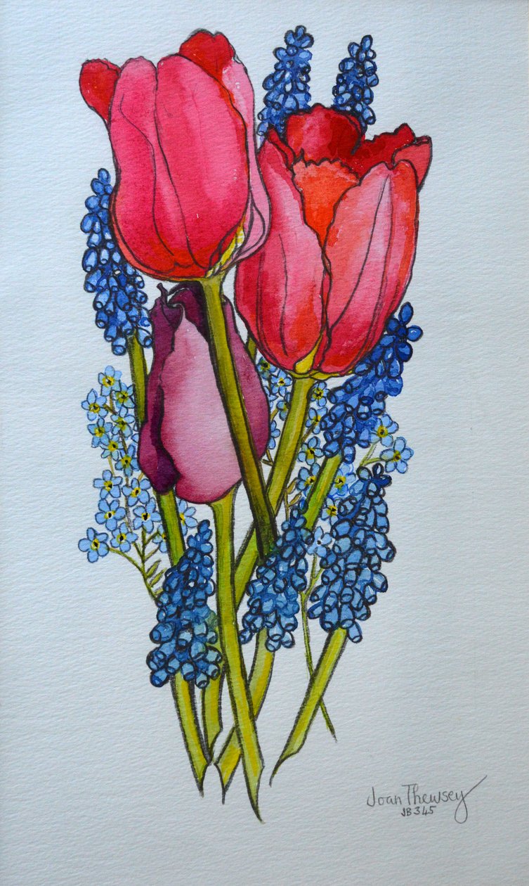 Tulpen, muscari en vergeet-me-nietjes, 2002 door Joan Thewsey