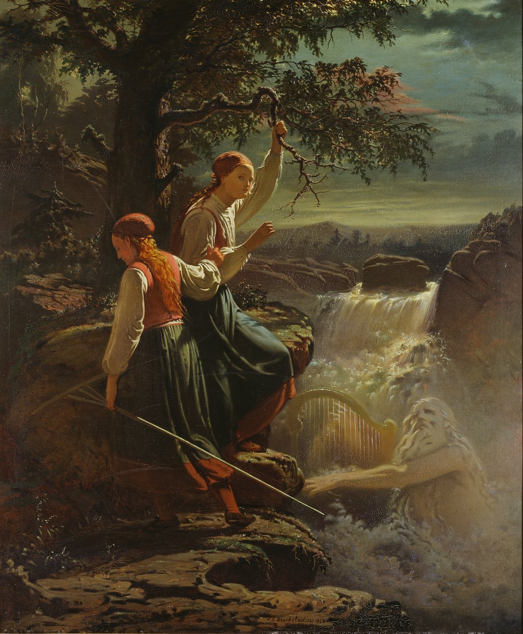 Twee boerendochters luisteren naar het spelen van de watersprite, 1860 door Johan Blackstadius