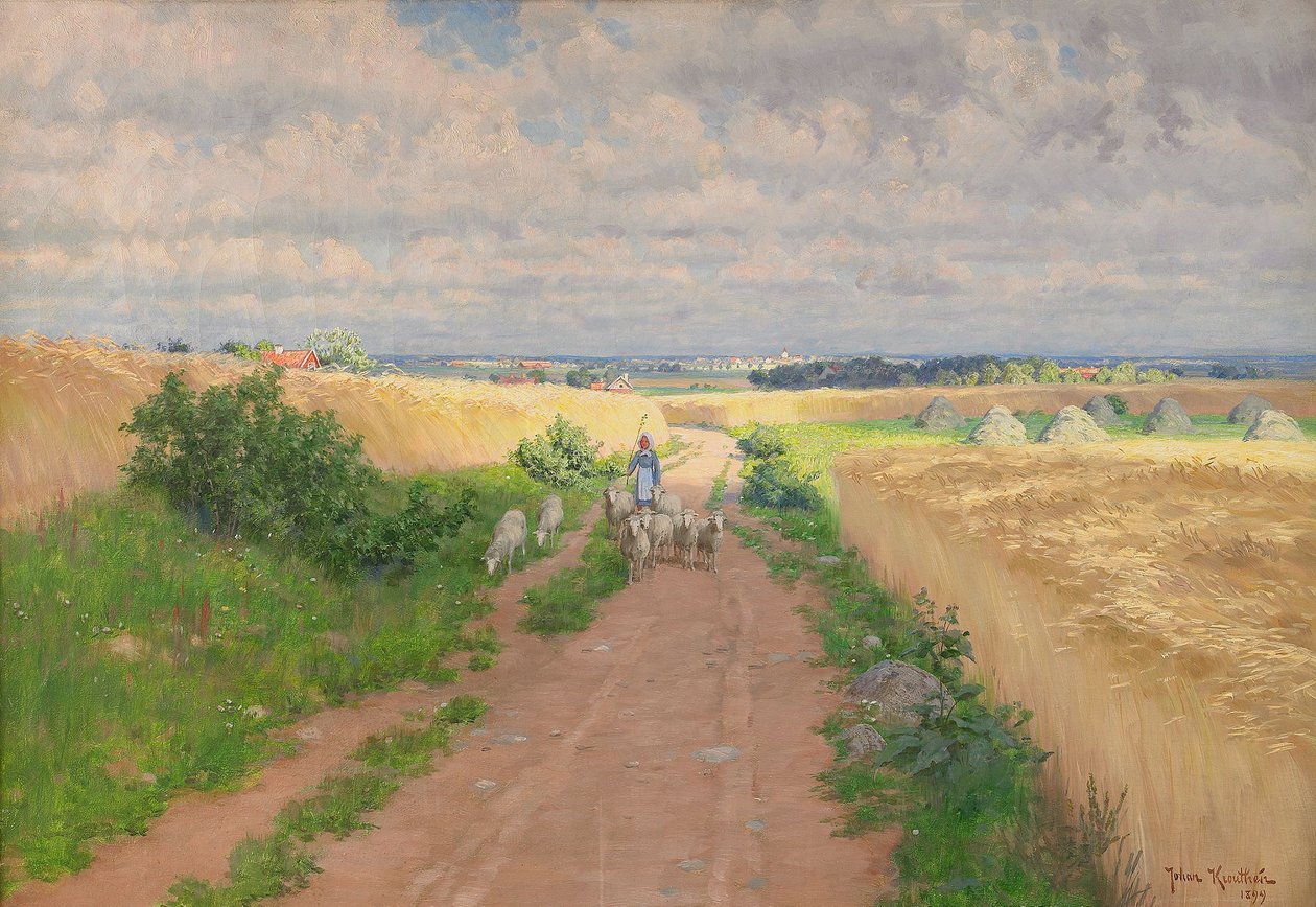 Meisje in de vallei in zomers landschap door Johan Fredrik Krouthen
