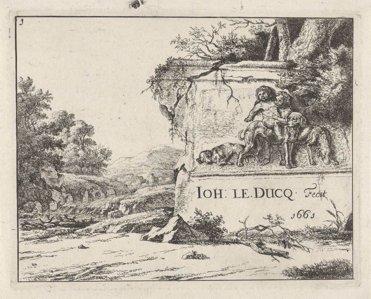 Uitzicht op een ruïne, in een landschap met een rivier door Johan le Ducq