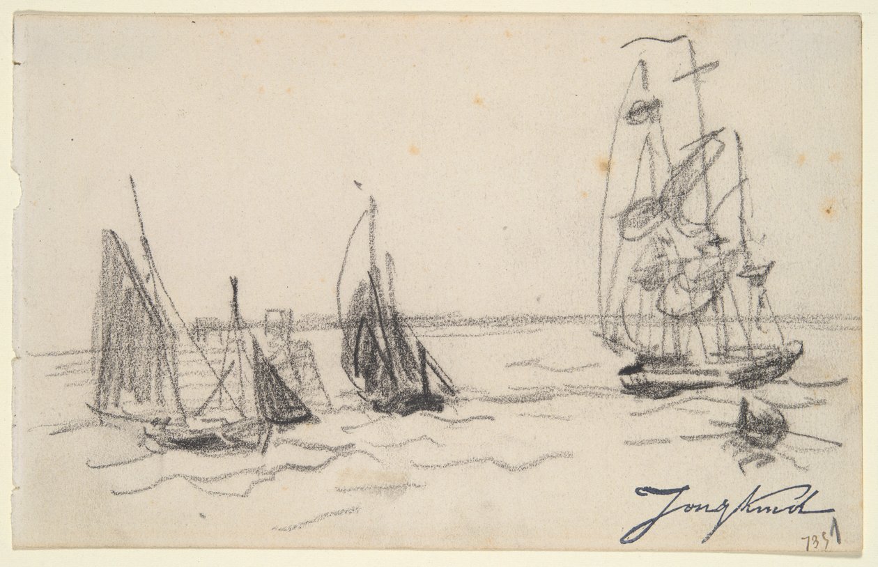 Kleine zeilboten en een driemaster door Johan Barthold Jongkind