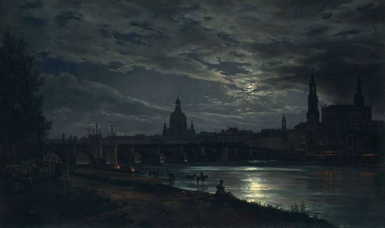 Uitzicht op Dresden bij maanlicht door Johan Christian Dahl
