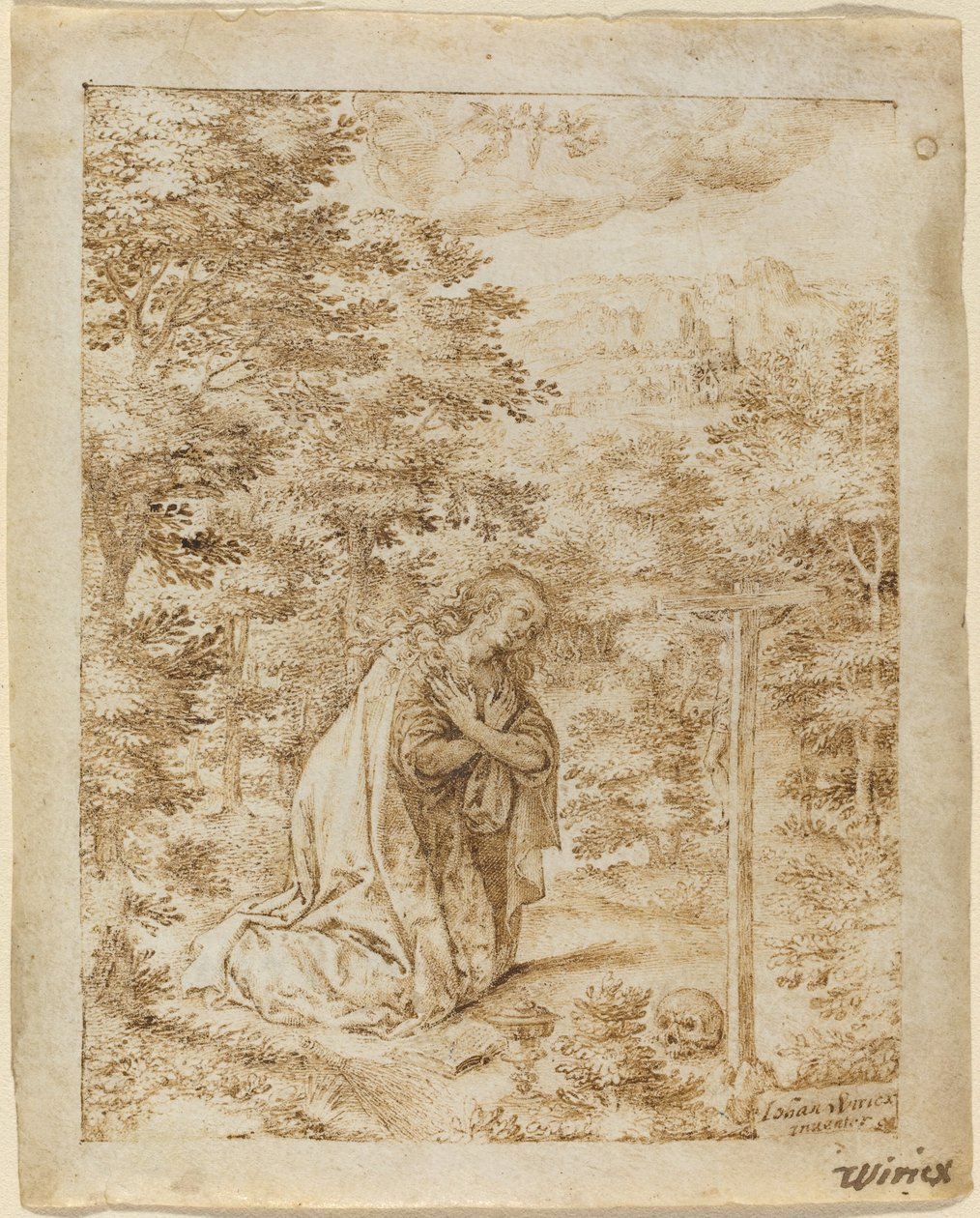 Maria Magdalena Biddend in de Wildernis door Johan Wierix