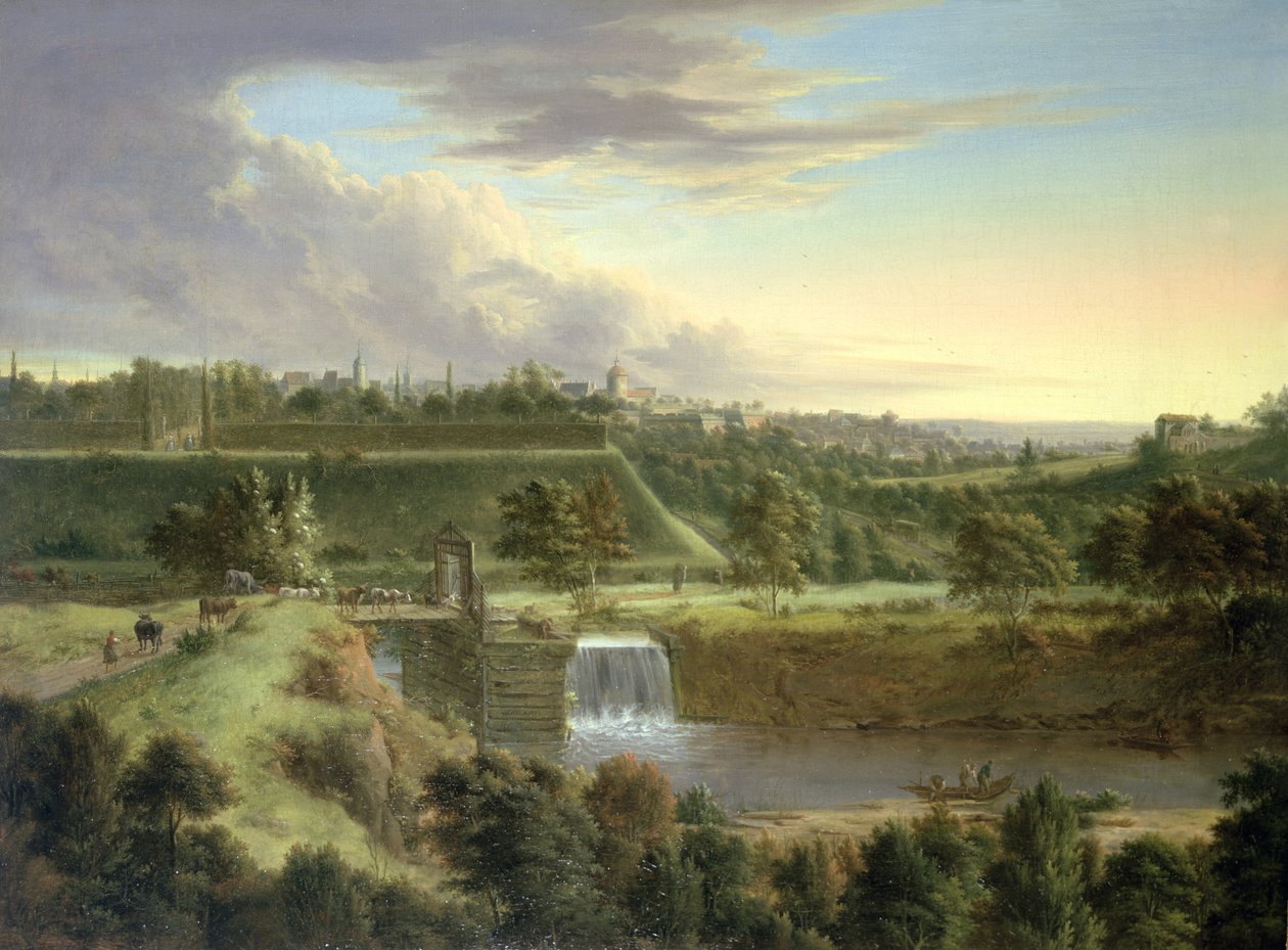 Rivierlandschap bij een ommuurde stad, waarschijnlijk Sachausen door Johann Christian Vollerdt or Vollaert