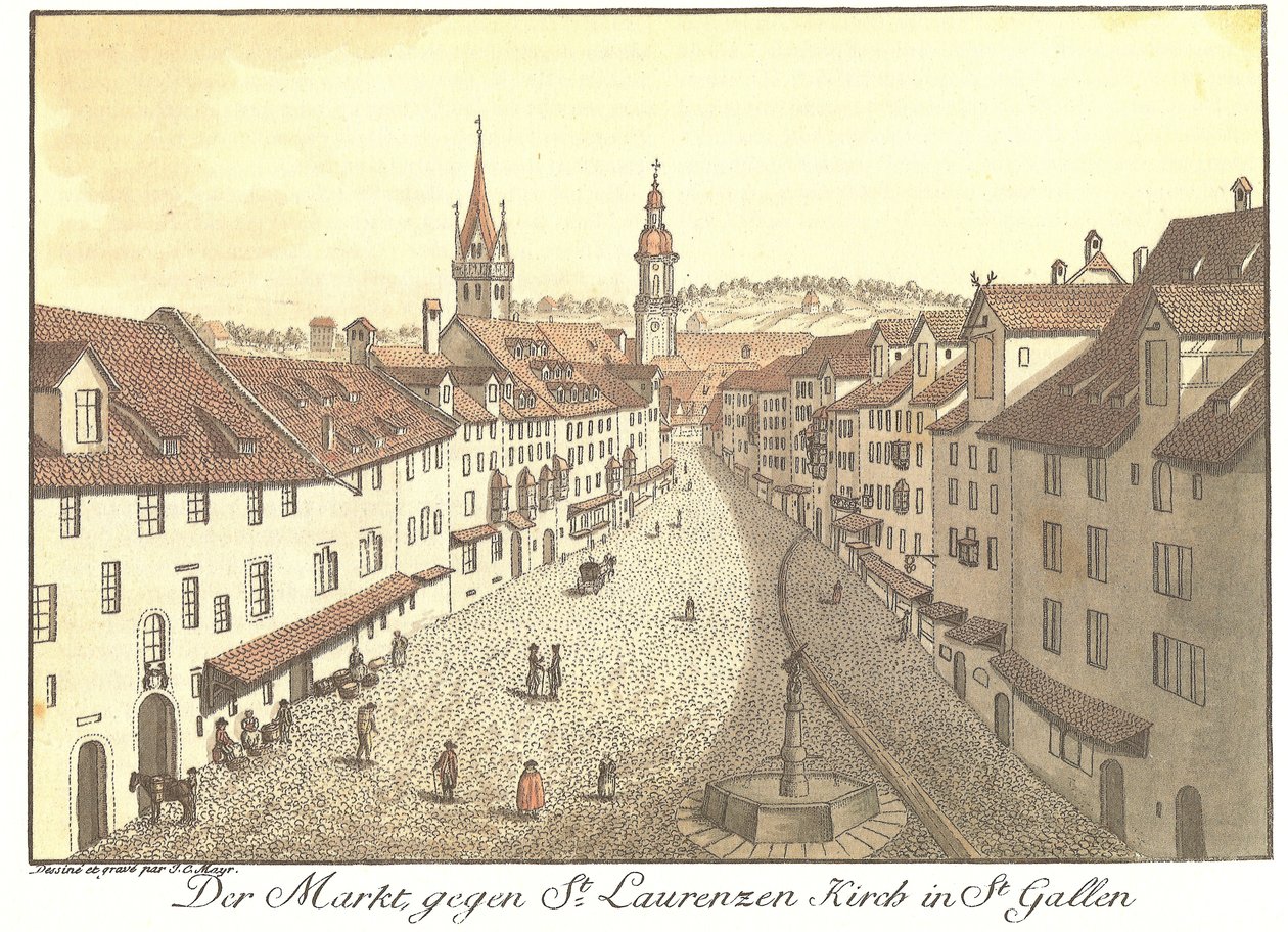De Markt richting St. Laurenzen Kerk in St. Gallen (Originele titel) door Johann Conrad Mayr