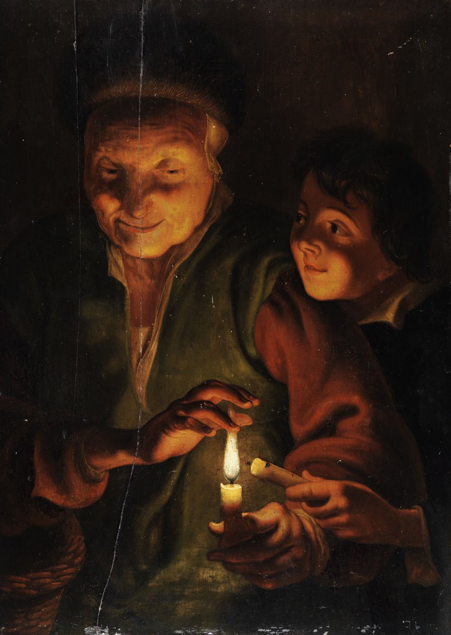 Oude vrouw met jongen bij kaarslicht door Johann Georg Trautmann