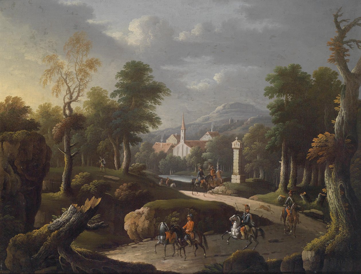 Bergachtig landschap met reizigers door Johann Georg von Bemmel