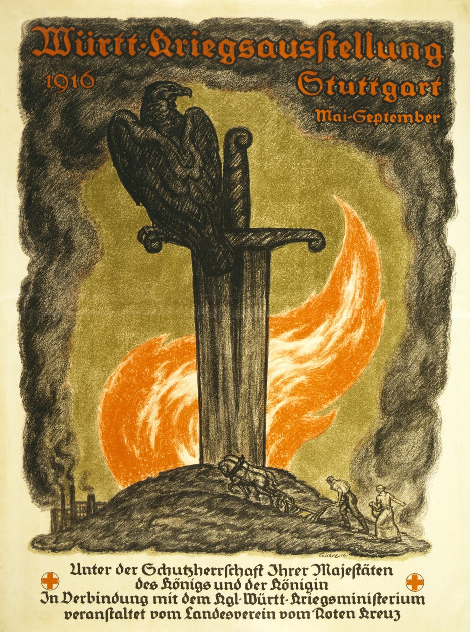 Poster die een Oorlogstentoonstelling sponsort door het Rode Kruis Württ. Kriegsausstellung, 1916 Stuttgart Mei-September, c.1916 door Johann Vincenz Cissarz