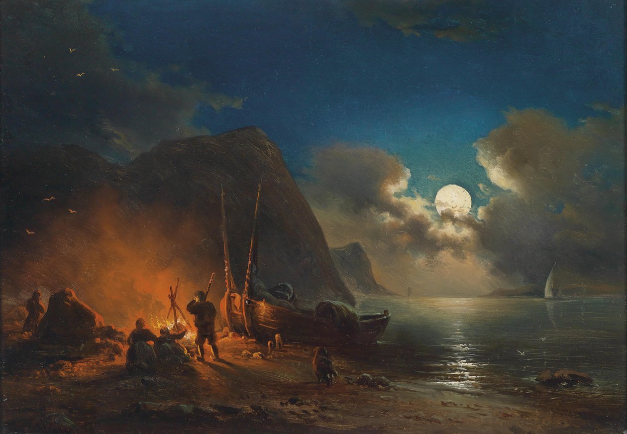 Romantisch kampvuur bij maanlicht door Johann Anton Castell