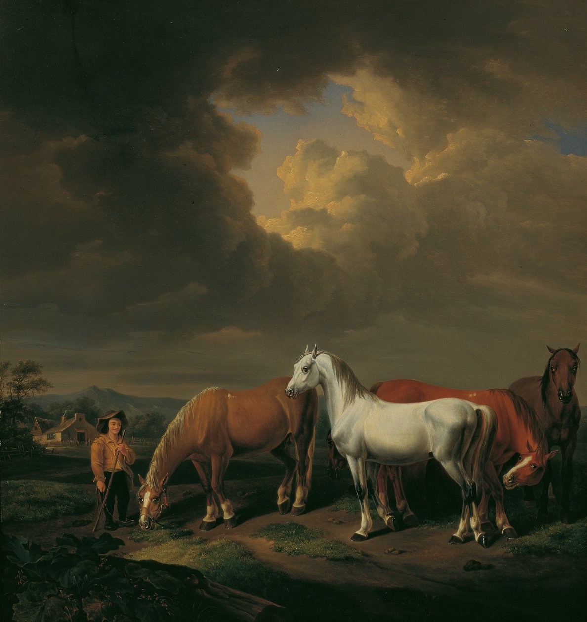 Vijf akkerpaarden door Johann Baptist Michael Dallinger von Dalling
