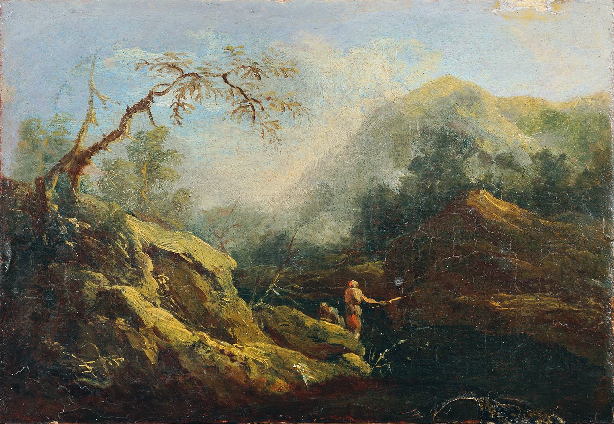 Berglandschap met visser door Johann Christian Brand