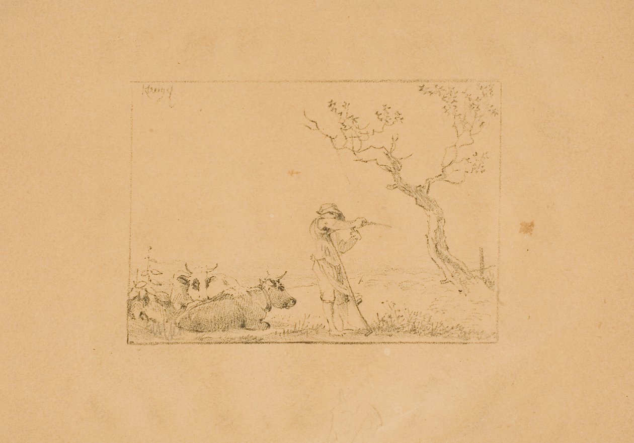 Herder die een Zeis Slijpt, met Vee door Johann Christian Klengel