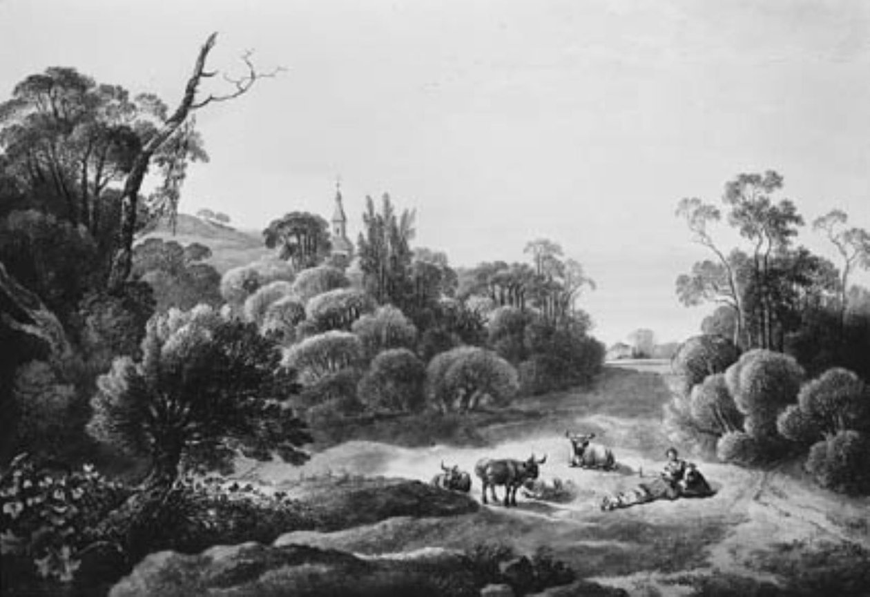 Landschap met vee en herderspaar door Johann Christian Klengel