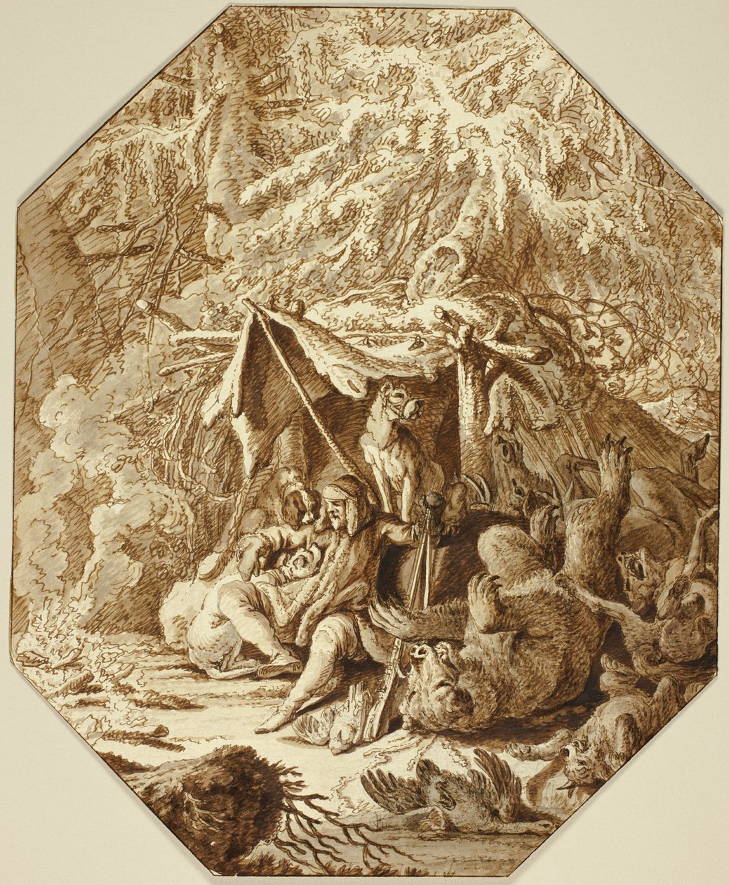 De gedurfde jager, volhardend in de winter door Johann Elias Ridinger