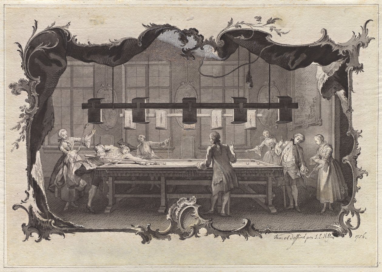 Dames en Heren die Biljart Spelen door Johann Esaias Nilson
