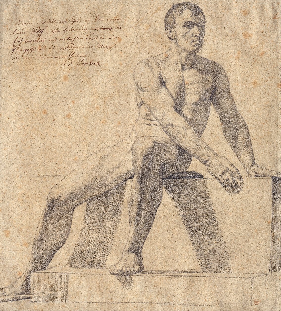 Mannelijk naakt zittend op een voetstuk door Johann Friedrich Overbeck