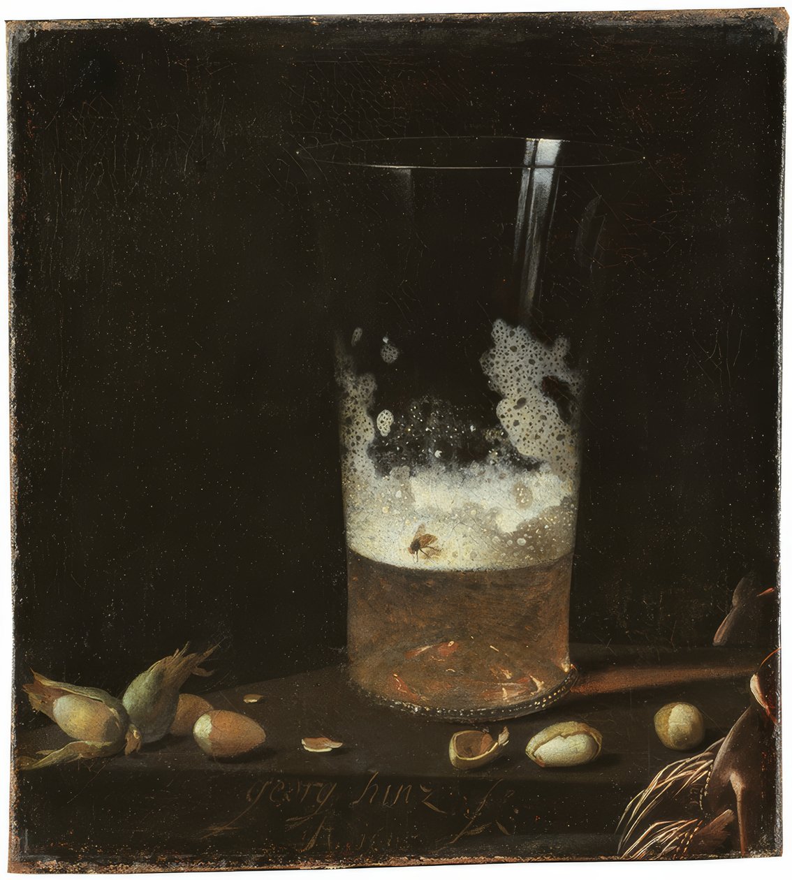 Stilleven met bierglas en noten door Johann Georg Hainz