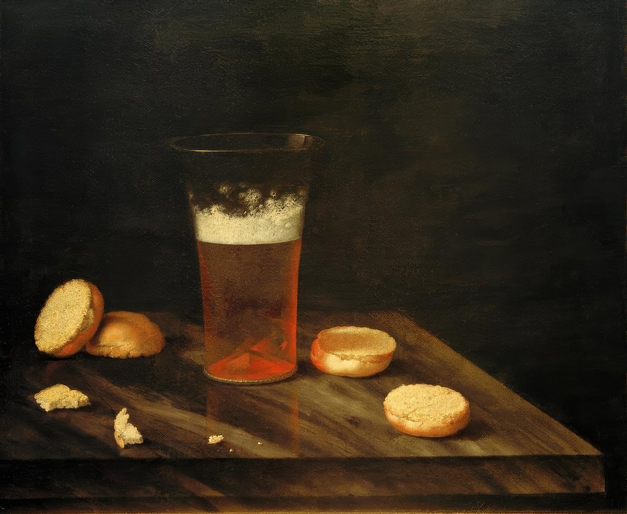 Stilleven met Bierglas en Broodje door Johann Georg Hainz