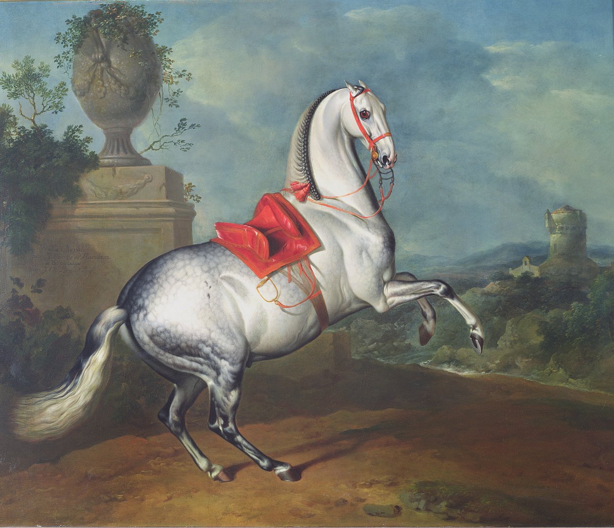 De schimmel in galop door Johann Georg Hamilton