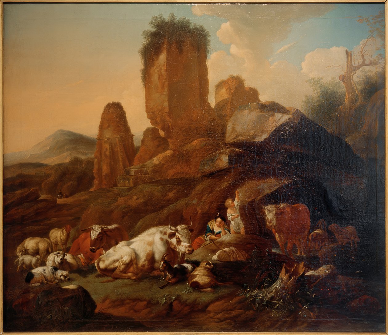 Rustende herderin en vee door Johann Heinrich Roos