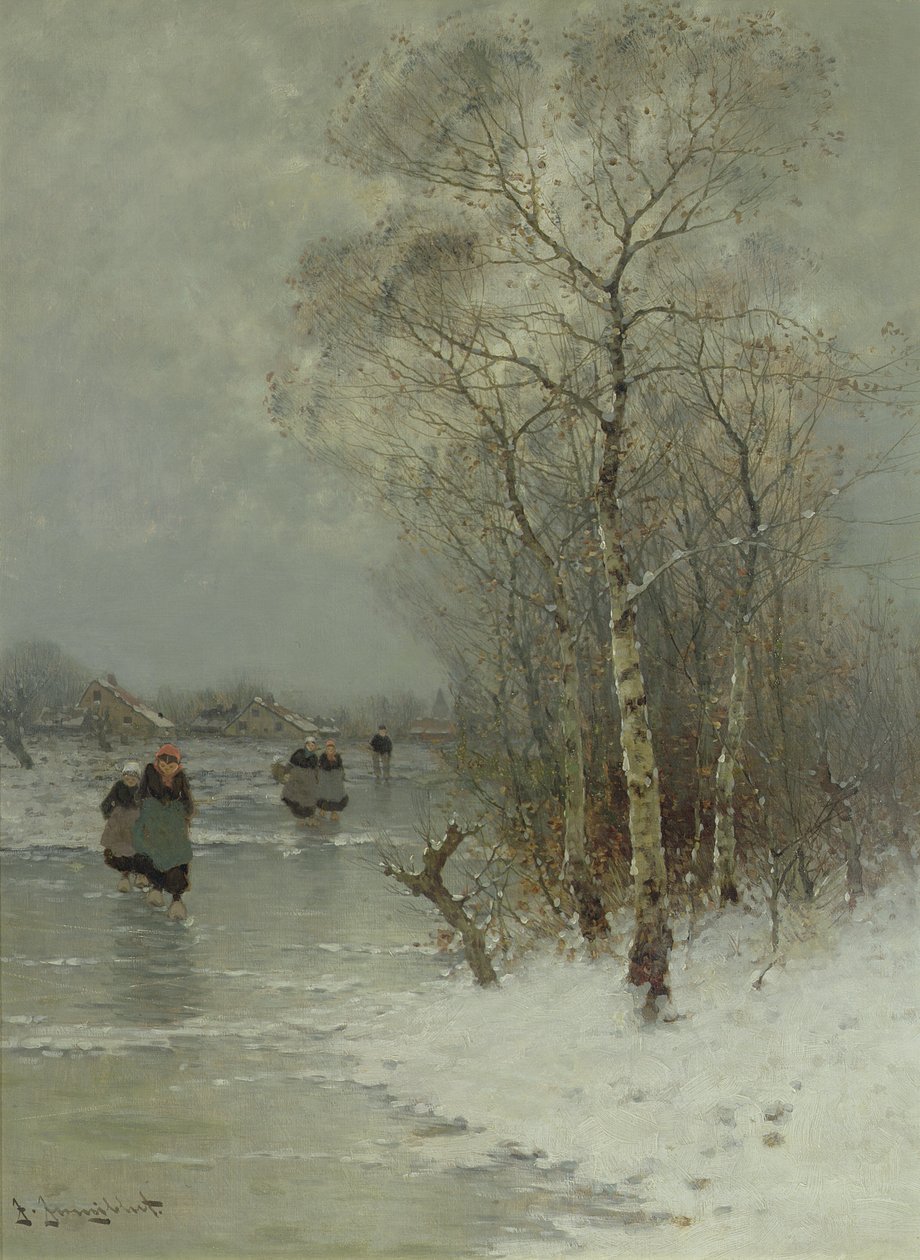 Meisjes Wandelen op een Bevroren Rivier door Johann II Jungblut