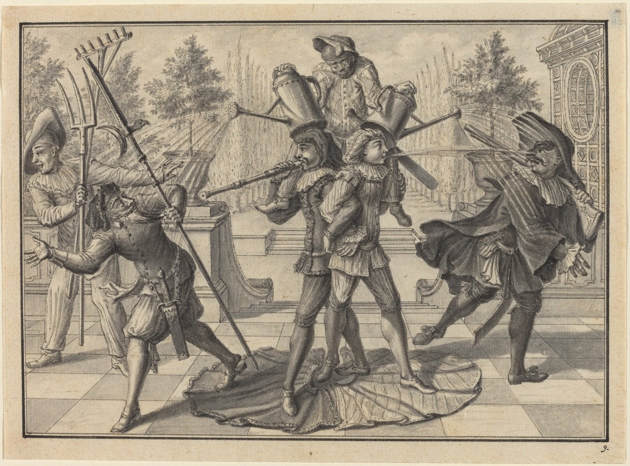 Harlekijn en Scaramouche Creëren een "Fontein" door Johann Jacob Schubler