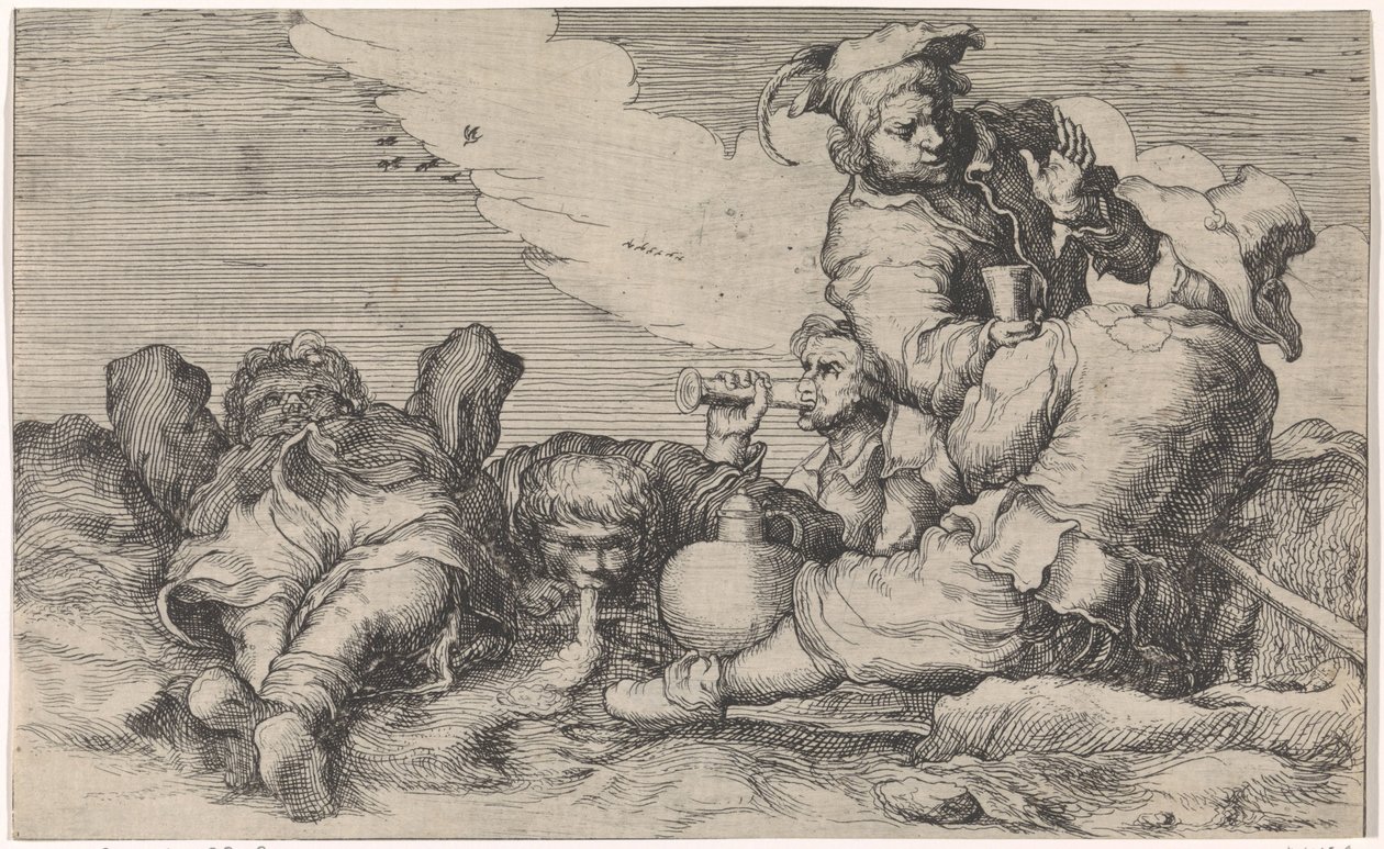 Vijf drinkebroers door Johann Liss (attributed to)
